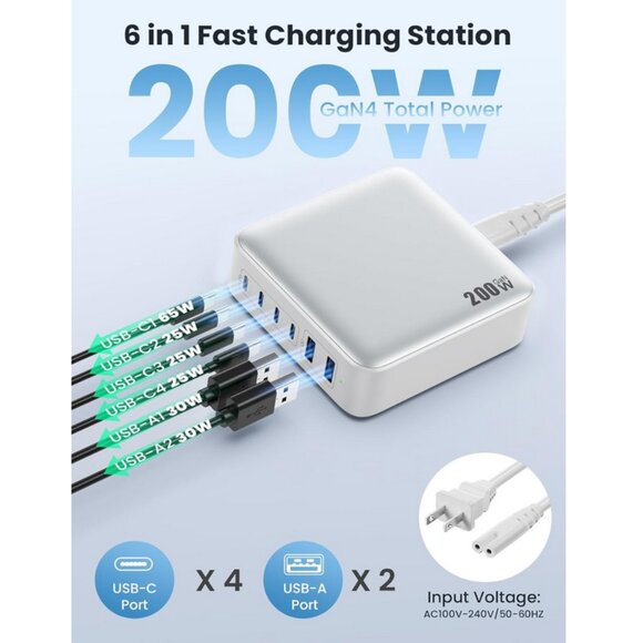 USB-C CHARGING STATION - NEW - Charger Block Hub for Laptop Phone - 6 Port 200W - Picture 1 of 5